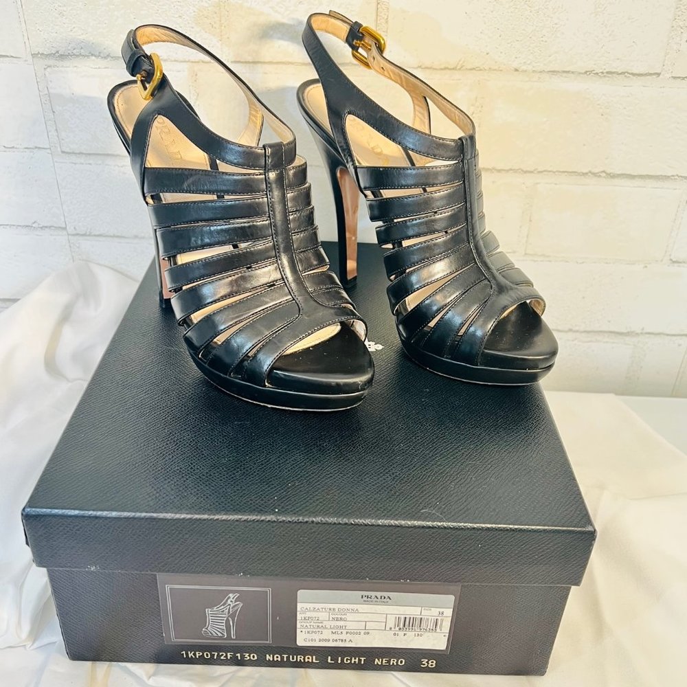 RARE Prada Calzature Donna Natural Light Nero Strappy Platform Heels Size 38